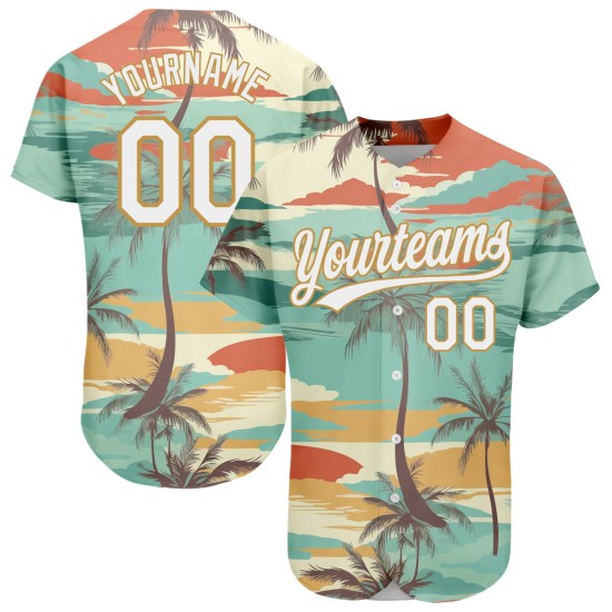 Baseball Hawaii Design Gold 3D Weiß-Alt Jersey Cartoon Bäume Authentische Muster Custom Palm Aqua