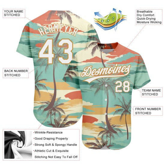 Baseball Hawaii Design Gold 3D Weiß-Alt Jersey Cartoon Bäume Authentische Muster Custom Palm Aqua