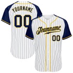 Weiße Raglan-Baseballärmel Authentic Pinstripe Navy Custom Jersey Navy-Gold