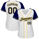 Weiße Raglan-Baseballärmel Authentic Pinstripe Navy Custom Jersey Navy-Gold