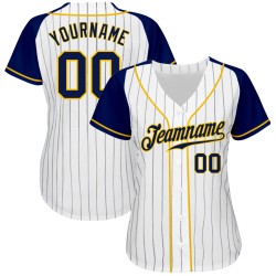 Weiße Raglan-Baseballärmel Authentic Pinstripe Navy Custom Jersey Navy-Gold