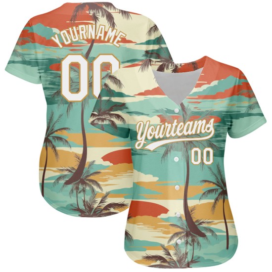 Baseball Hawaii Design Gold 3D Weiß-Alt Jersey Cartoon Bäume Authentische Muster Custom Palm Aqua